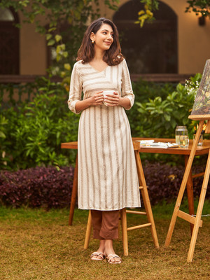 Aurelia Women Printed A-line Kurta(Beige)