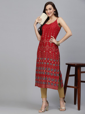 Made In Desi Women Geometric Print Straight Kurta(Red)