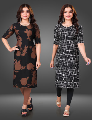 MOBHISA Women Printed Straight Kurta(Black)