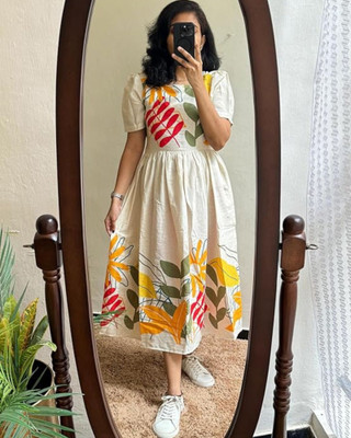 Satyavrat Women A-line White Knee Length Dress