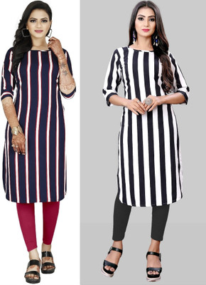 maruti fab Women Striped, Printed A-line Kurta(Black, White, Dark Blue)