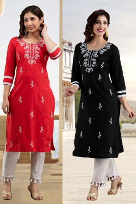 vikshi Women Chikan Embroidery Straight Kurta(Multicolor)