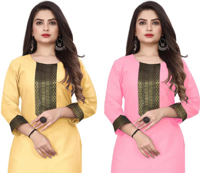 HF HOLYDAY FASHION Women Embroidered Straight Kurta(Pink, Yellow)