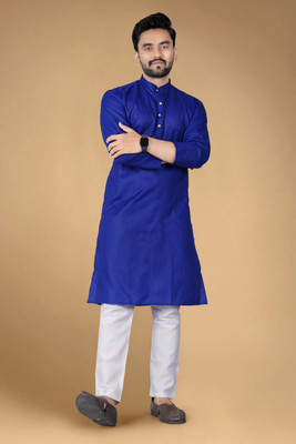 HouseOfCommon Men Solid Straight Kurta(Blue)