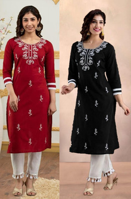 vikshi Women Chikan Embroidery Straight Kurta(Multicolor)