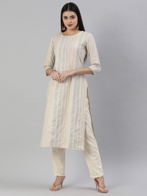 Saanjh Women Striped Straight Kurta(Beige, Grey)