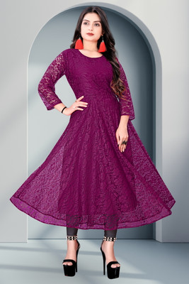 URUFASHIONMART Women Self Design A-line Kurta(Purple)