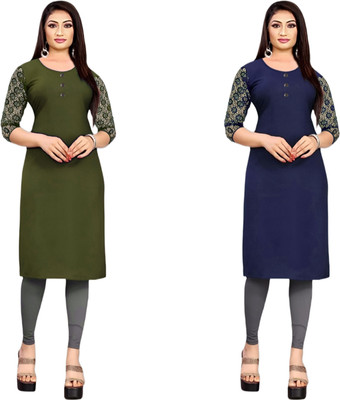 HOFC Women Solid Straight Kurta(Green, Blue)