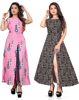 Modli 20 Fashion Women Printed Frontslit Kurta(Black)