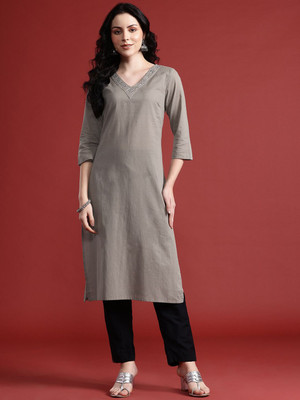 ANOUK Women Solid, Embroidered Straight Kurta(Grey)
