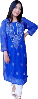 A A Handwork Chikan Women Chikan Embroidery A-line Kurta(Blue)