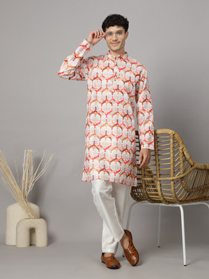 DEIFIC Men Printed Straight Kurta(Beige)