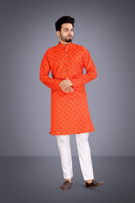 Nnc Men Printed Straight Kurta(Orange)
