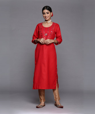 Indo Era Women Embroidered Straight Kurta(Red)
