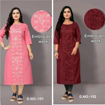 Ladylaz Women Embroidered Straight Kurta(Maroon, Pink)