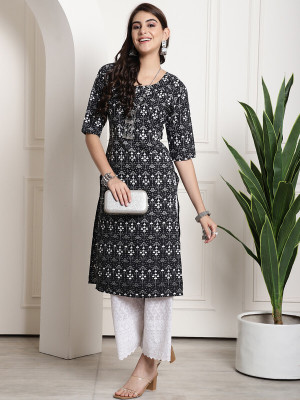 1 Stop Fashion Women Printed Straight Kurta(Black, Grey, White)