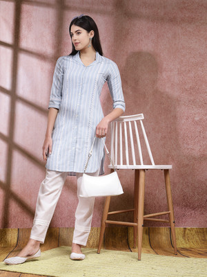 Stylum Women Woven Design Straight Kurta(White, Light Blue)