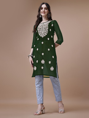 Anmi Chikan Embroidery Women Straight Kurta(Dark Green)