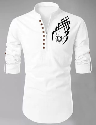 DIMMY Men Printed Straight Kurta(White)