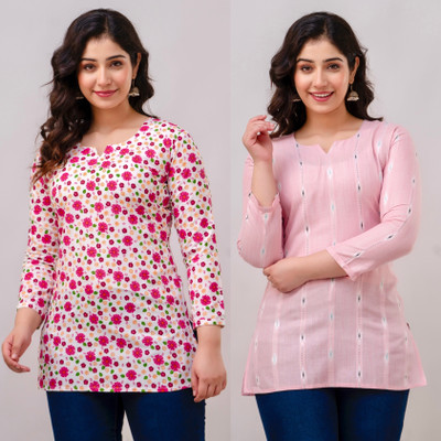 VROEGER Women Printed Straight Kurta(Pink)
