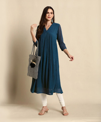 Janasya Women Woven Design Flared Kurta(Blue)
