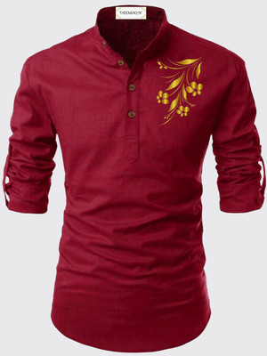 DEEMOON Men Floral Print Straight Kurta(Red)