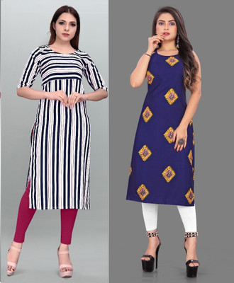 tanvi creation Women Printed Straight Kurta(Purple, Blue)