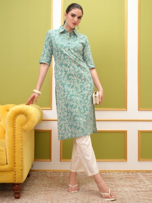 Vishudh Women Printed Straight Kurta(Green)