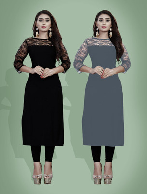 Maheshvi Women Self Design Straight Kurta(Black)