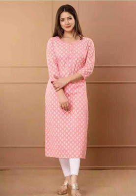 ANJALISALESCORP Women Printed Straight Kurta(Pink, White)