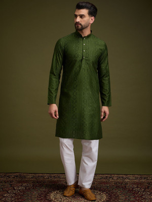 ANOUK Men Geometric Print Straight Kurta(Green)