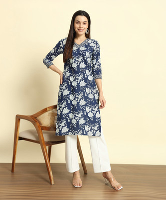 Sa Rasa Women Floral Print Straight Kurta(Blue)
