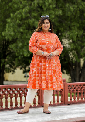 Lee Moda Women Leheriya A-line Kurta(Orange)
