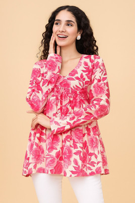 CLANGER Women Printed Flared Kurta(Pink)