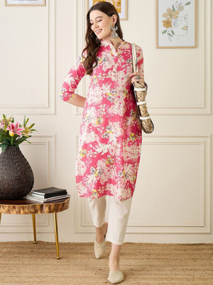 ANOUK Women Floral Print Straight Kurta(Pink)