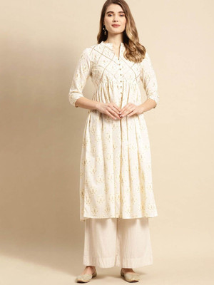 ANOUK Women Printed Anarkali Kurta(White)