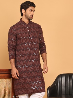 Jompers Men Embroidered Straight Kurta(Brown)