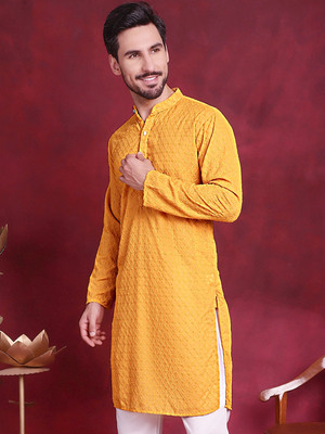 Jompers Men Self Design Straight Kurta(Yellow)