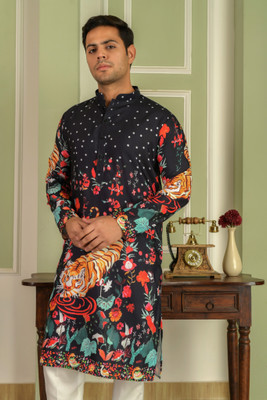 LEMONX Men Printed Straight Kurta(Black)