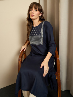 Indo Era Women Embroidered Straight Kurta(Blue)