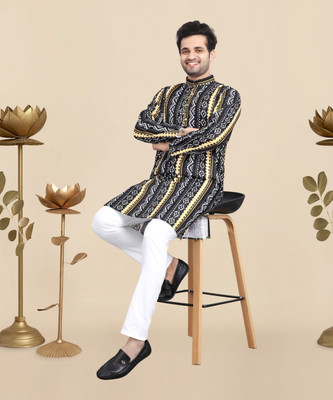 FABWAX Men Printed Straight Kurta(Black, White, Yellow)