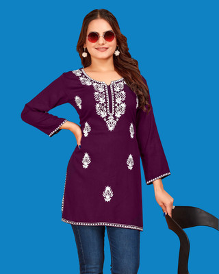 Verdant Women Chikan Embroidery Straight Kurta(Purple)