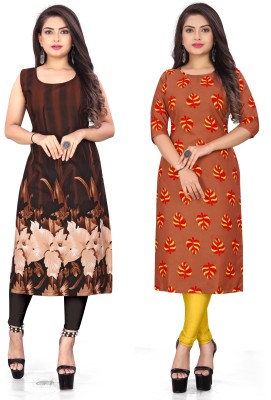 tanvi creation Women Printed Straight Kurta(Brown, Orange)