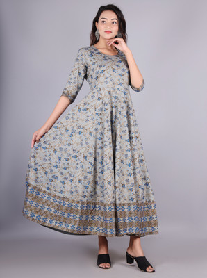 AASHLEY Women Printed Flared Kurta(Grey)