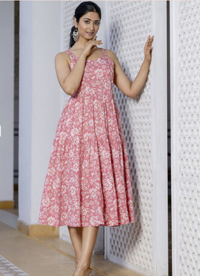 Demirner Women Fit and Flare Pink Midi/Calf Length Dress