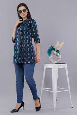 Hunar Kala Women Block Print Straight Kurta(Blue)