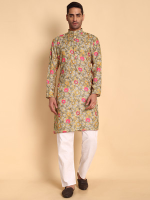 Vardha Men Floral Print Trail Cut Kurta(Yellow)