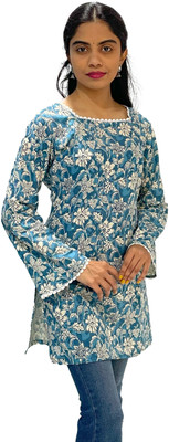 spelleva Women Floral Print, Printed A-line Kurta(Blue)
