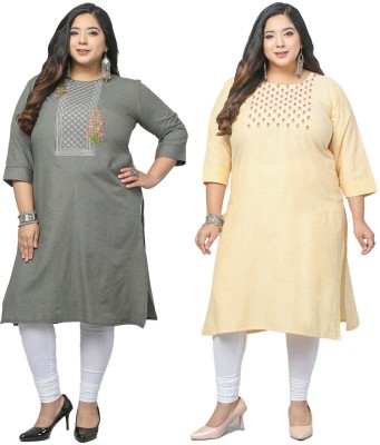 Jevi Prints Women Embroidered Straight Kurta(Grey, Yellow)