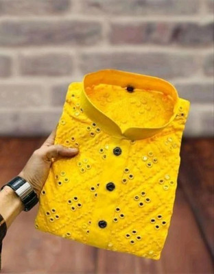 SR Fashion Men Embroidered Straight Kurta(Yellow)